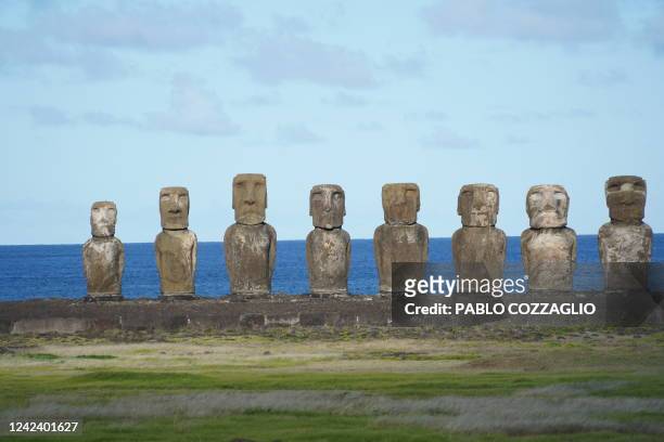 View of Moais -- stone statues of the Rapa Nui culture -- in Easter Island, 3700 km off the Chilean coast in the Pacific Ocean, on August 5, 2022. -...