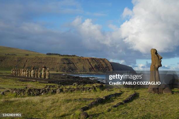 View of Moais -- stone statues of the Rapa Nui culture -- in Easter Island, 3700 km off the Chilean coast in the Pacific Ocean, on August 5, 2022....