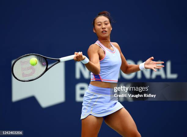 Qinwen Zheng of China hits a shot against Rebecca Marino of Canada during the National Bank Open, part of the Hologic WTA Tour, at Sobeys Stadium on...