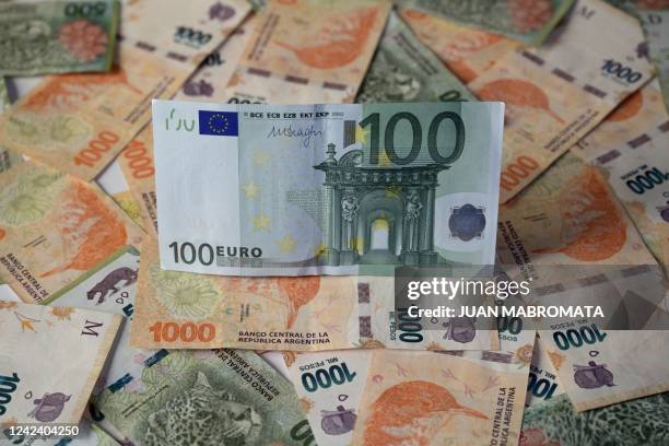 This photo illustration shows Argentinian 1,000 pesos, 500 pesos, and 100 euro banknotes in Buenos Aires on August 9, 2022.