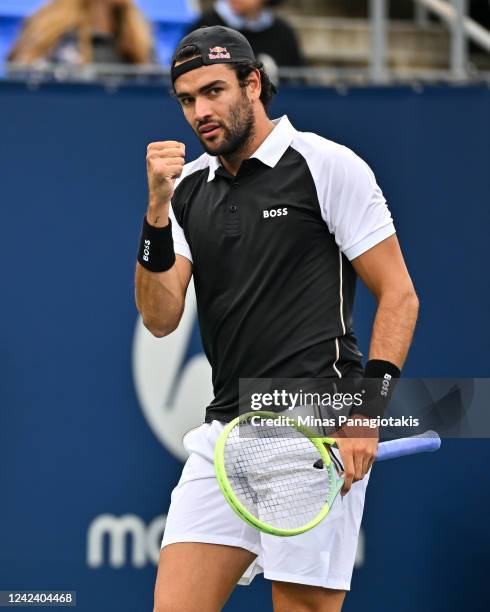 Matteo Berrettini of Italy reacts after winning a point against Pablo Carreno Busta of Spain during Day 4 of the National Bank Open at Stade IGA on...