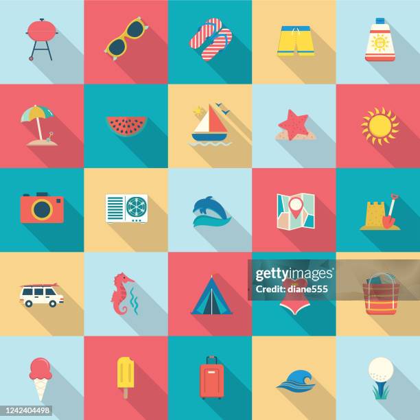 ilustraciones, imágenes clip art, dibujos animados e iconos de stock de iconos de verano con sombras - bolsa de playa