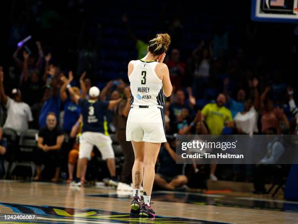 Marina Mabrey of the Dallas Wings celebrates during the game against the New York Liberty on August 8, 2022 at the College Park Center in Arlington,...