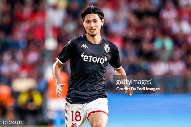 Takumi Minamino of AS Monaco looks on during the UEFA Champions League Third Qualifying Round Second Legmatch between PSV Eindhoven and AS Monaco at...