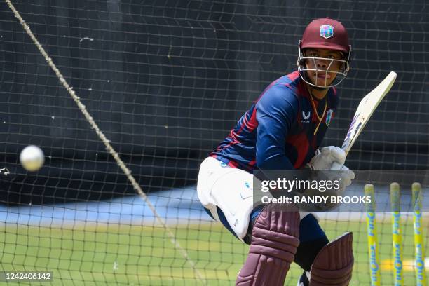Shimron Hetmyer, of West Indies, takes part in a training session one day ahead of the first T20i match between West Indies and New Zealand at Sabina...