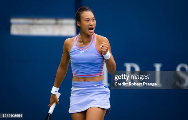 Qinwen Zheng of China celebrates winning a point against Rebecca Marino of Canada during her first round match on Day 4 of the National Bank Open,...