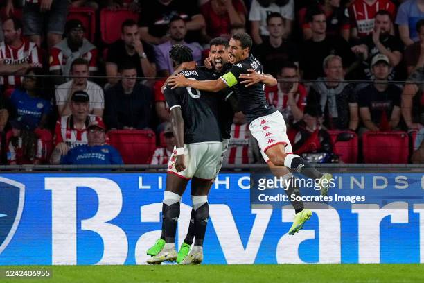 Guillermo Maripan of AS Monaco celebrates his 1-1 with Axel Disasi of AS Monaco, Wissam Ben Yedder of AS Monaco during the UEFA Champions League...