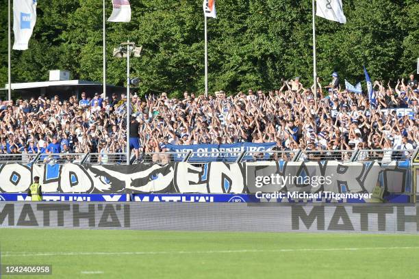 Fans of VfB Oldenburg during the 3. Liga match between VfB Oldenburg and SV 07 Elversberg at Marschweg-Stadion on August 9, 2022 in Oldenburg,...