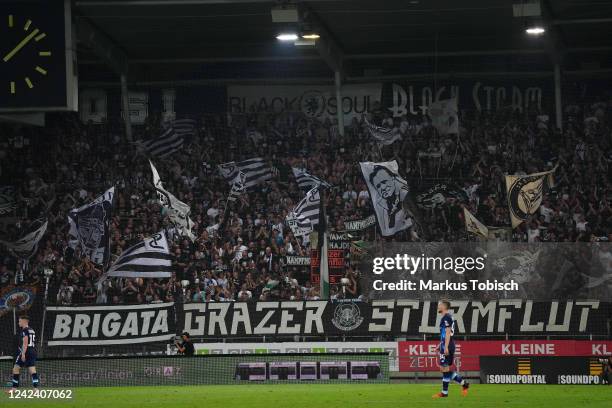 Fans of graz during the UEFA Champions League Third Qualifying Round Second Leg match between SK Sturm Graz and Dynamo Kiev at Merkur Arena on August...