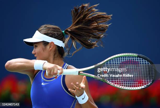 Emma Raducanu of Great Britain hits a shot against Camila Giorgi of Italy during the National Bank Open, part of the Hologic WTA Tour, at Sobeys...