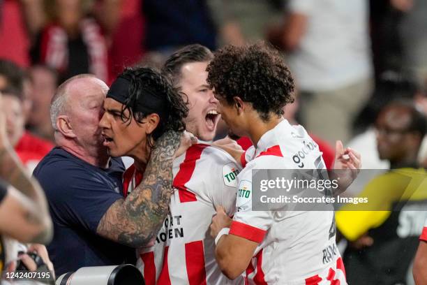 Erick Gutierrez of PSV celebrates his 2-2 with Andre Ramalho of PSV during the UEFA Champions League match between PSV v AS Monaco at the Philips...