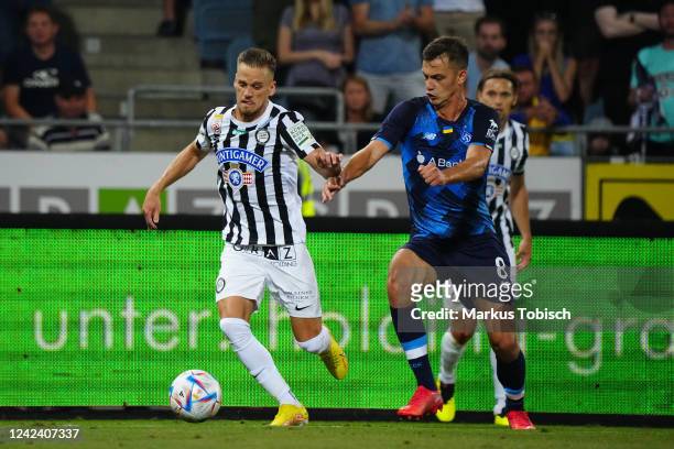 Tomi Horvat of Graz and Volodymyr Shepeliev of Kiev during the UEFA Champions League Third Qualifying Round Second Leg match between SK Sturm Graz...