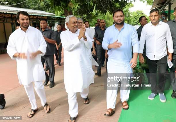 Leader Tejashwi Yadav with JDU leader Nitish Kumar after a meeting at Rabri Devi's residence on August 9, 2022 in Patna, India. Bihar Chief Minister...