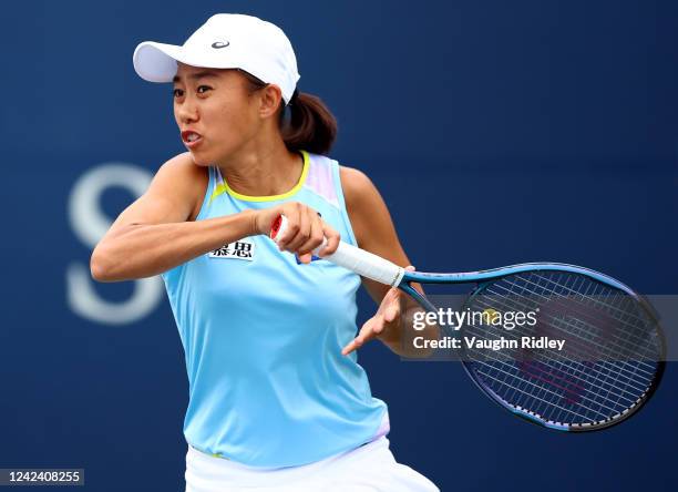 Shuai Zhang of China plays a shot against Cristina Bucsa of Spain during the National Bank Open, part of the Hologic WTA Tour, at Sobeys Stadium on...