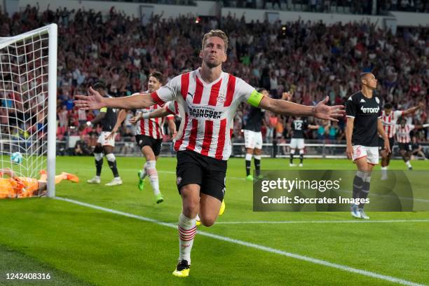 Luuk de Jong of PSV celebrates his 3-2 during the UEFA Champions League match between PSV v AS Monaco at the Philips Stadium on August 9, 2022 in...