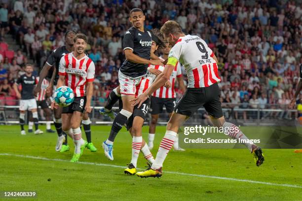 Luuk de Jong of PSV scores 3-2 during the UEFA Champions League match between PSV v AS Monaco at the Philips Stadium on August 9, 2022 in Eindhoven...