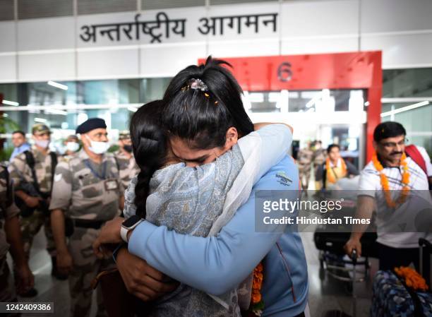 Judoka and Commonwealth Games silver medalist Tulika Mann being welcomed upon her arrival at the airport on August 9, 2022 in New Delhi, India. As...