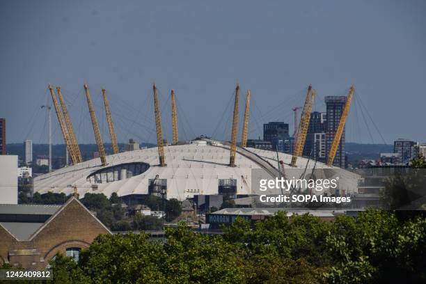 General view of the O2 Arena on a clear day in London.