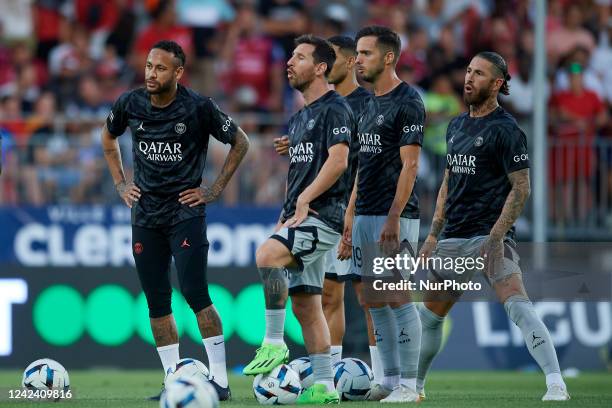 Neymar, Lionel Messi, Pablo Sarabia and Sergio Ramos of PSG during the warm-up before the Ligue 1 match between Clermont Foot and Paris Saint-Germain...