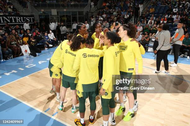 The Seattle Storm huddle up before the game against the Chicago Sky on August 9, 2022 at the Wintrust Arena in Chicago, Illinois. NOTE TO USER: User...