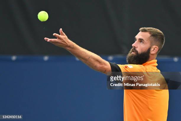 Benoit Paire of France serves against Yoshihito Nishioka of Japan during Day 4 of the National Bank Open at Stade IGA on August 9, 2022 in Montreal,...