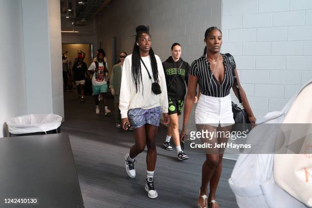Ezi Magbegor of the Seattle Storm arrives to the arena before the game against the Chicago Sky on August 9, 2022 at the Wintrust Arena in Chicago,...