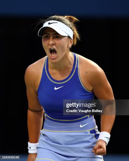 Bianca Andreescu from Canada celebrates after winning a point against Daria Kasatkina of Russia during the National Bank Open, part of the Hologic...