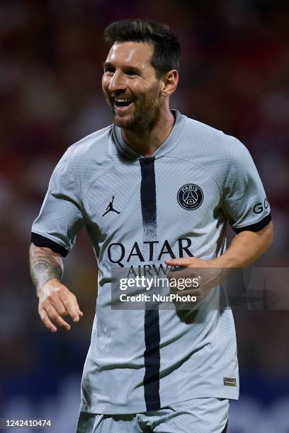 Lionel Messi of PSG celebrates after scoring his sides second goal during the Ligue 1 match between Clermont Foot and Paris Saint-Germain at Stade...