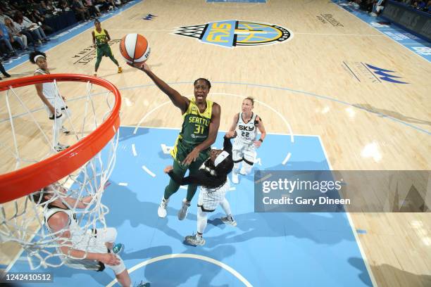 Tina Charles of the Seattle Storm drives to the basket during the game against the Chicago Sky on August 9, 2022 at the Wintrust Arena in Chicago,...