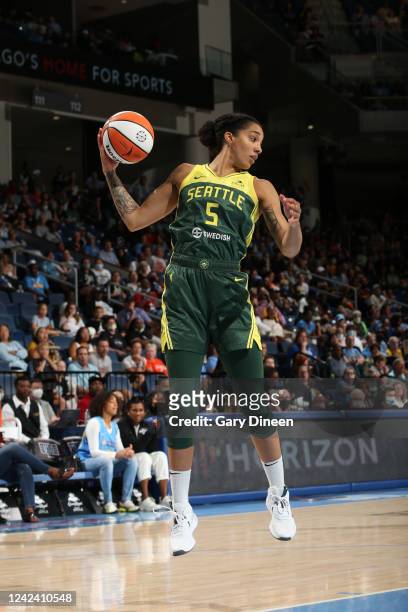 Gabby Williams of the Seattle Storm grabs the rebound during the game against the Chicago Sky on August 9, 2022 at the Wintrust Arena in Chicago,...