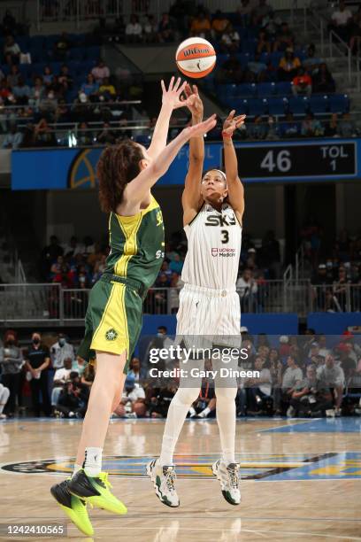 Candace Parker of the Chicago Sky shoots the ball during the game against the Seattle Storm on August 9, 2022 at the Wintrust Arena in Chicago,...