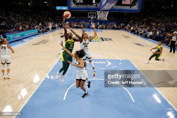 Tina Charles of the Seattle Storm drives to the basket during the game against the Chicago Sky on August 9, 2022 at the Wintrust Arena in Chicago,...
