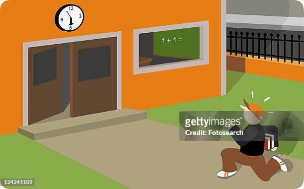 stockillustraties, clipart, cartoons en iconen met side profile of a college student rushing towards a college building - acute angle