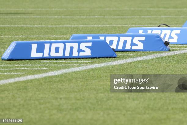 General view of the Detroit Lions logo on obstacles set on the field is seen during the Detroit Lions Training Camp afternoon practice session on...