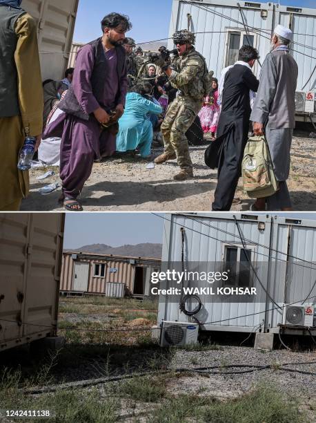 This combination of pictures created on August 10 shows a US soldier pointing his gun toward an Afghan passenger at the Kabul airport in Kabul on...