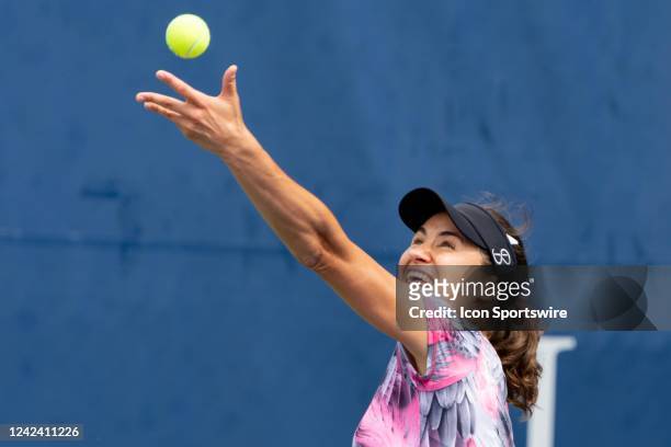 Monica Niculescu serves the ball during her National Bank Open tennis tournament first round doubles match on August 9 at Sobeys Stadium in Toronto,...