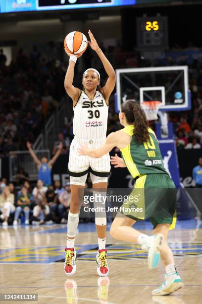 Azurá Stevens of the Chicago Sky shoots the ball during the game against the Seattle Storm on August 9, 2022 at the Wintrust Arena in Chicago,...
