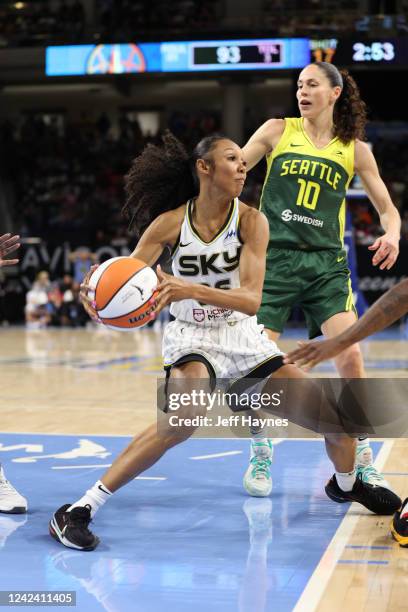 Rebekah Gardner of the Chicago Sky handles the ball during the game against the Seattle Storm on August 9, 2022 at the Wintrust Arena in Chicago,...