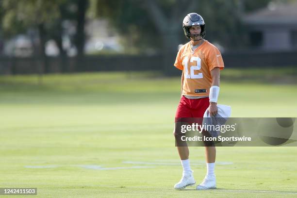 Tampa Bay Buccaneers quarterback Tom Brady looks over towards the special teams drills during the Tampa Bay Buccaneers Training Camp on August 09,...