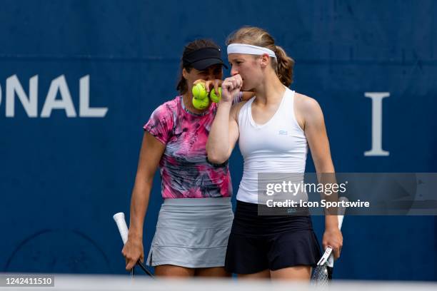 Monica Niculescu and Vivian Heisen talk during their National Bank Open tennis tournament doubles match on August 9 at Sobeys Stadium in Toronto, ON,...