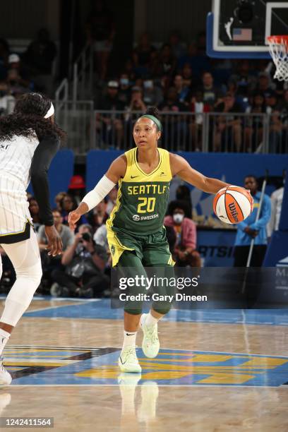 Briann January of the Seattle Storm dribbles the ball during the game against the Chicago Sky on August 9, 2022 at the Wintrust Arena in Chicago,...