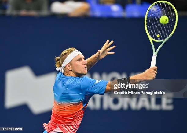 Alejandro Davidovich Fokina of Spain hits a return against Diego Schwartzman of Argentina during Day 4 of the National Bank Open at Stade IGA on...