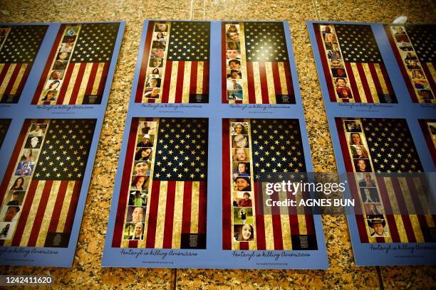 Photos of Americans who died from a fentanyl overdose are displayed at the Drug Enforcement Administration headquarters in Arlington, Virginia, on...