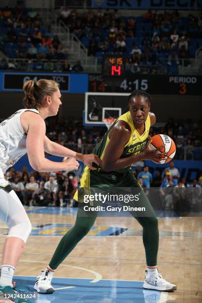 Tina Charles of the Seattle Storm handles the ball during the game against the Chicago Sky on August 9, 2022 at the Wintrust Arena in Chicago,...