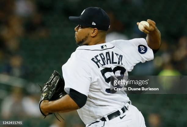 Wily Peralta of the Detroit Tigers pitches against the Cleveland Guardians during the ninth inning at Comerica Park on August 9 in Detroit, Michigan.