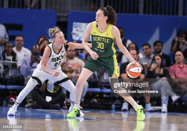 Chicago Sky guard Courtney Vandersloot posts up against Seattle Storm forward Breanna Stewart during a WNBA game between the Seattle Storm and the...