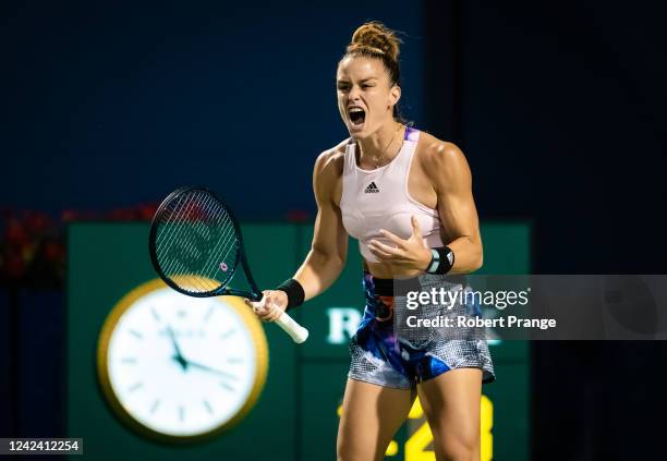 Maria Sakkari of Greece celebrates winning a point against Sloane Stephens of the United States in her second round match on Day 4 of the National...