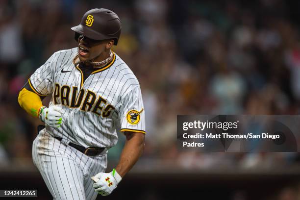 Juan Soto of the San Diego Padres celebrates after hitting a home run in the fourth inning against the San Francisco Giants at PETCO Park on August...