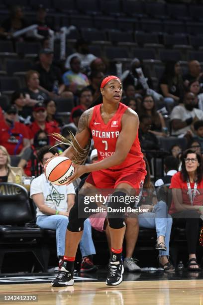 Kia Vaughn of the Atlanta Dream handles the ball during the game against the Las Vegas Aces on August 9, 2022 at Michelob ULTRA Arena in Las Vegas,...