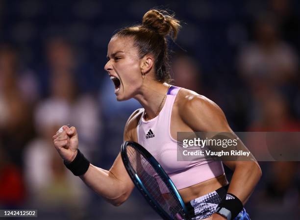 Maria Sakkari of Greece celebrates winning a game against Sloane Stephens of the United States during the National Bank Open, part of the Hologic WTA...